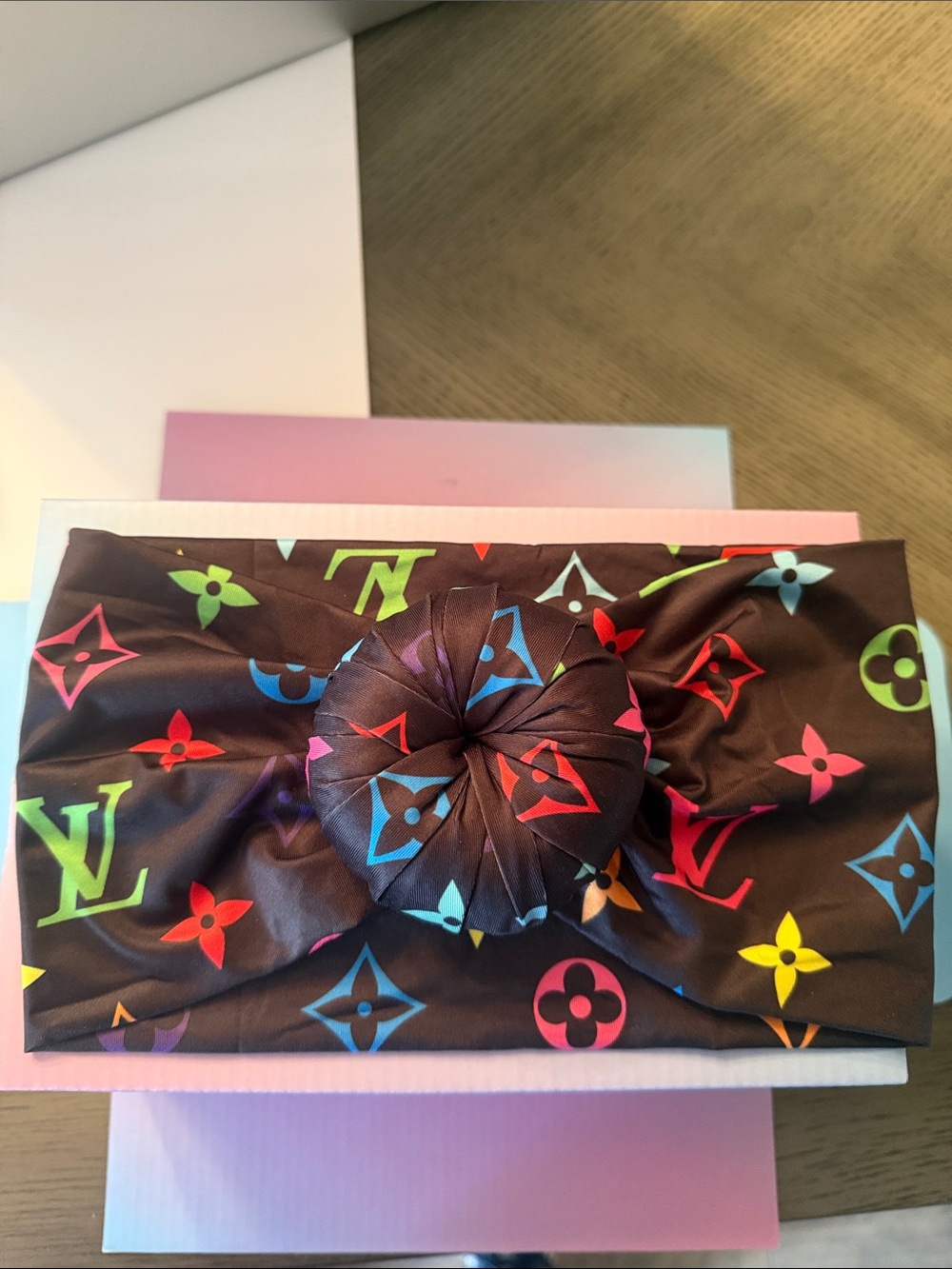 Two Multi Color Black Silk Headband with Multicolor Monogram